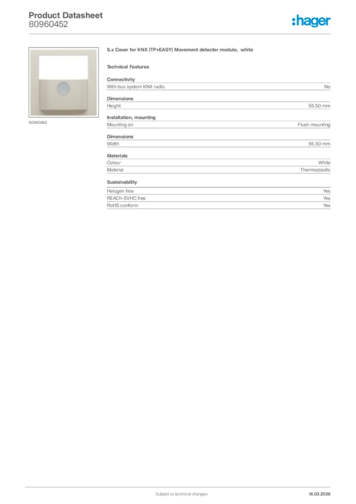 Image Hager Product data sheet 80960452  | Hager Africa