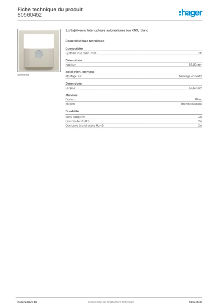 Image Hager Fiche technique du produit 80960452 | Hager Belgique