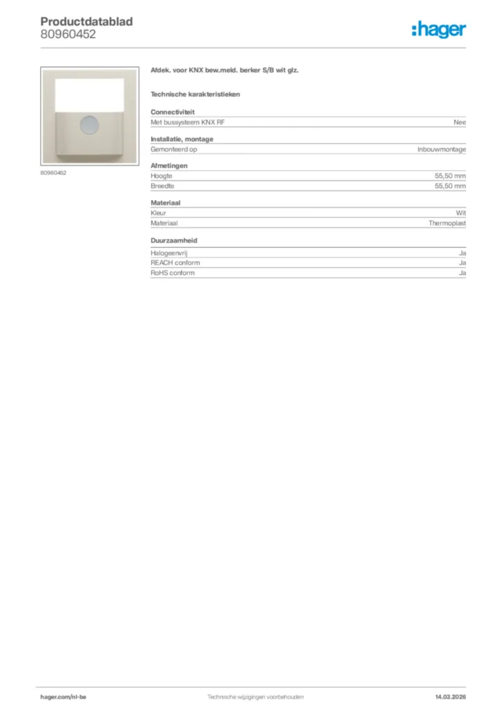 Afbeelding Hager Productdatablad 80960452 | Hager Belgium