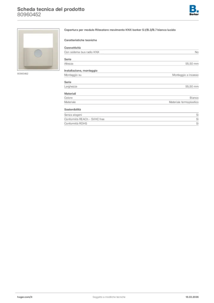 Immagine Berker Scheda tecnica del prodotto 80960452 | Hager Italia