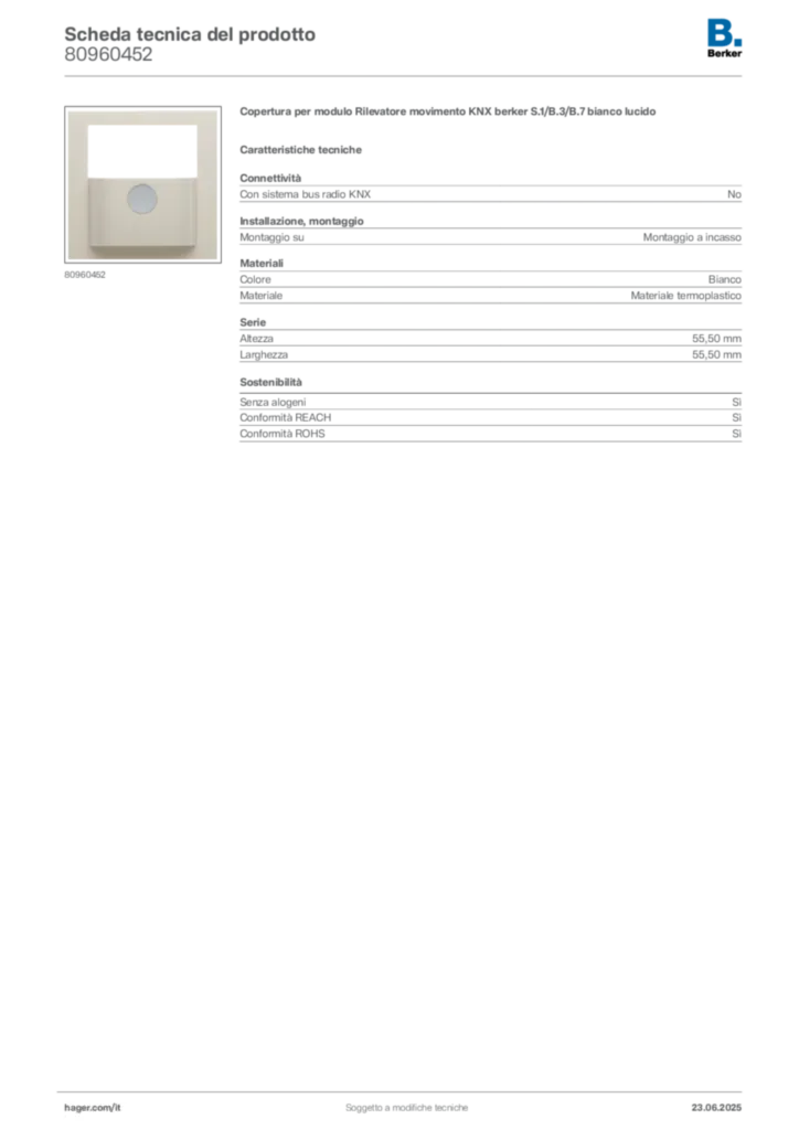 Immagine Berker Scheda tecnica del prodotto 80960452 | Hager Italia