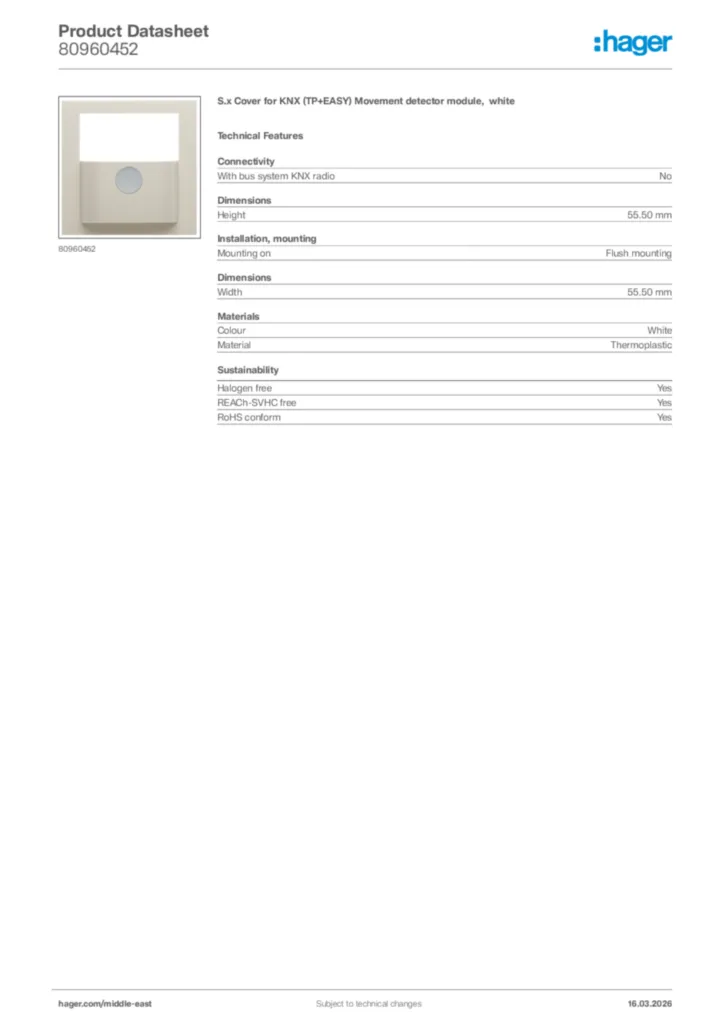 Image Hager Product data sheet 80960452  | Hager