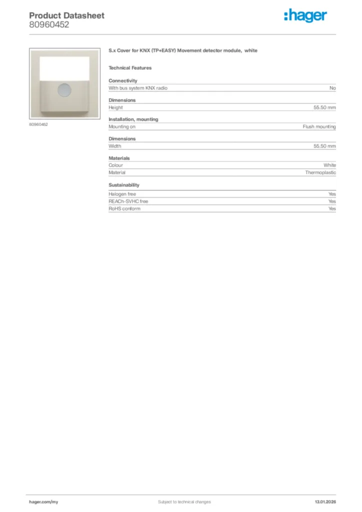 Image Hager Product data sheet 80960452  | Hager