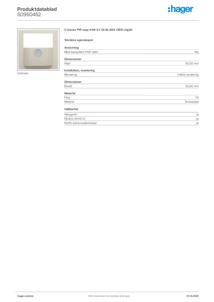 Bild Hager Produktdatablad 80960452 | Hager Sverige