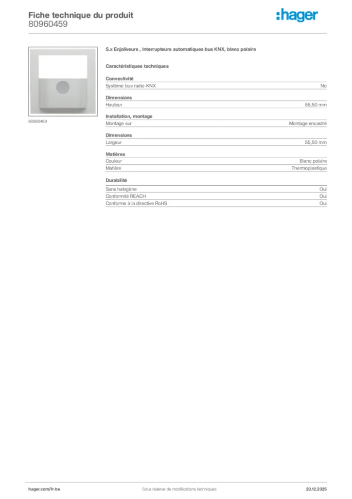 Image Hager Fiche technique du produit 80960459 | Hager Belgique
