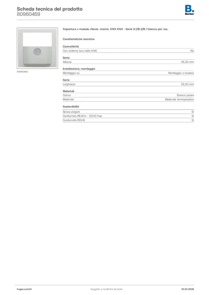 Immagine Berker Scheda tecnica del prodotto 80960459 | Hager Italia