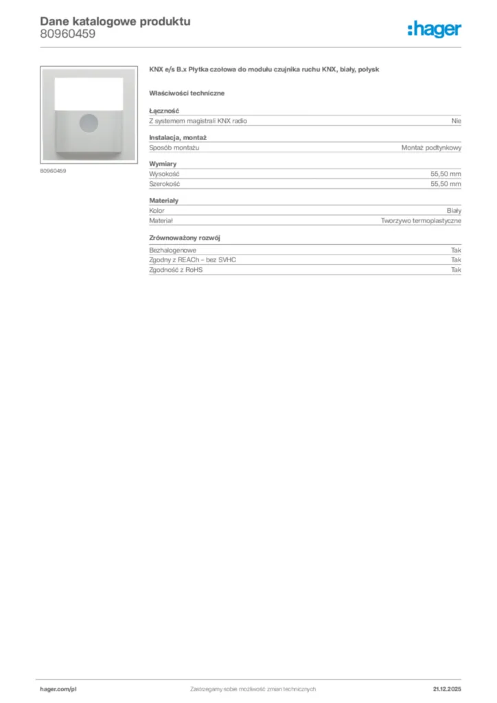 Zdjęcie Hager Dane katalogowe produktu 80960459 | Hager Polska