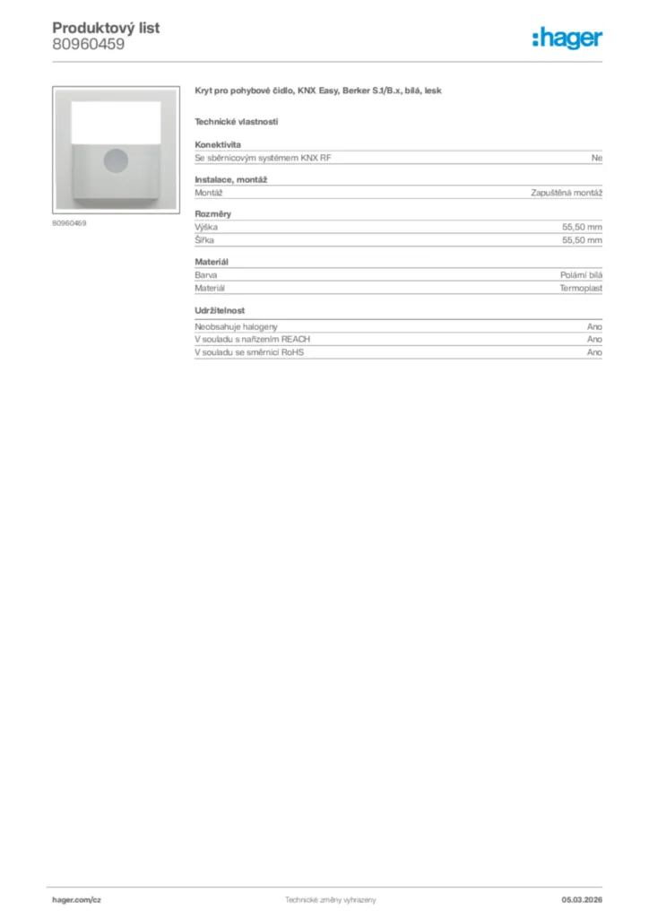 Obrázek Hager Product data sheet 80960459 | Hager