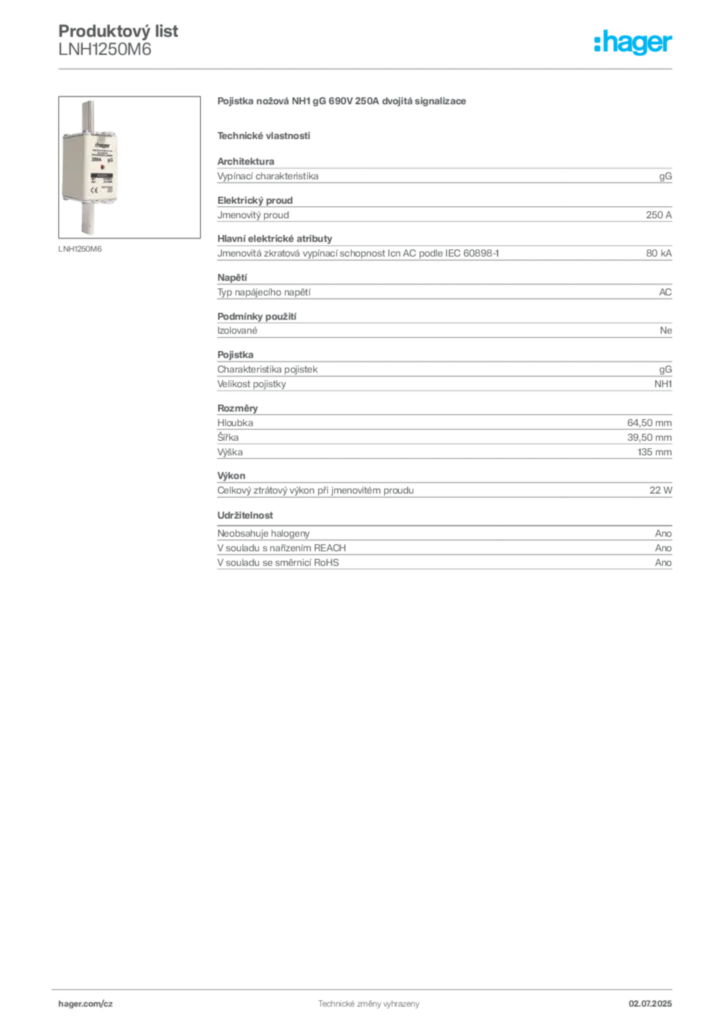 Obrázek Hager Produktový list LNH1250M6 | Hager