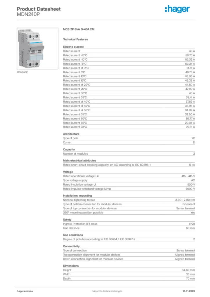 Image Hager Product data sheet MDN240P  | Hager Australia