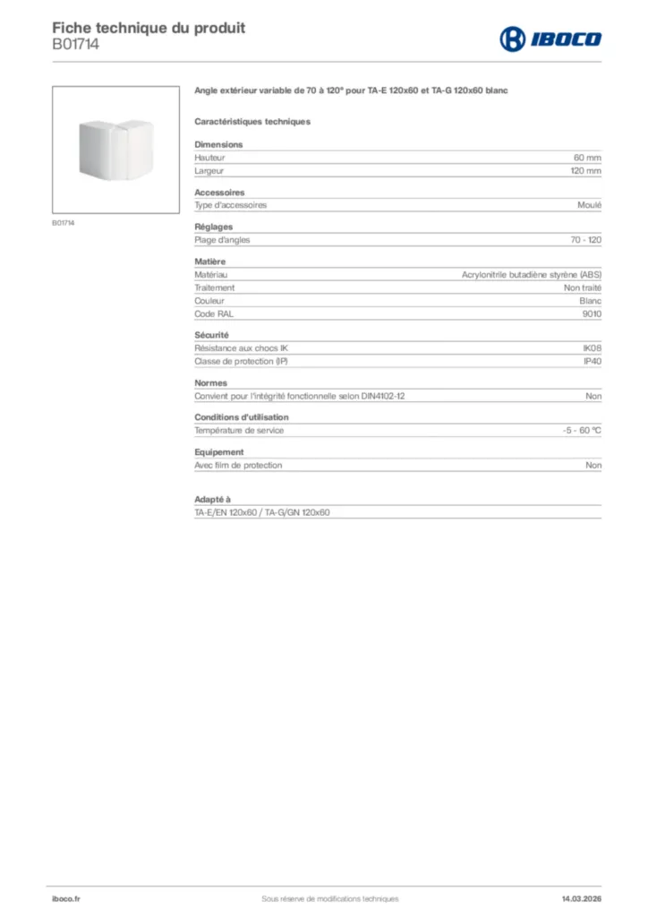 Image Iboco Fiche technique du produit B01714 | Hager France