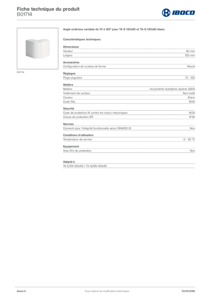 Image Iboco Fiche technique du produit B01714 | Hager France