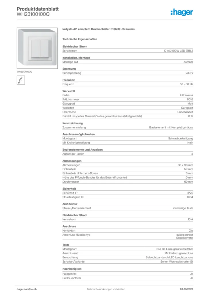 Bild Hager Produktdatenblatt WH23100100Q | Hager Schweiz