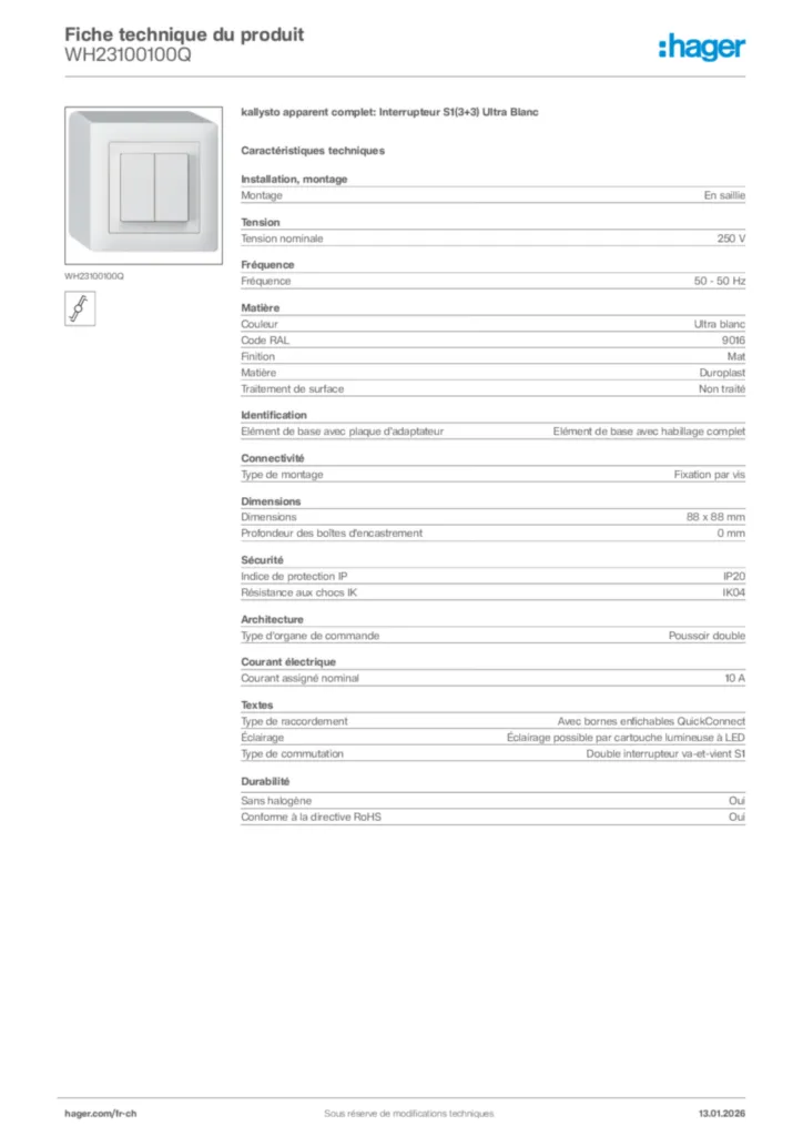 Image Hager Fiche technique du produit WH23100100Q | Hager Suisse