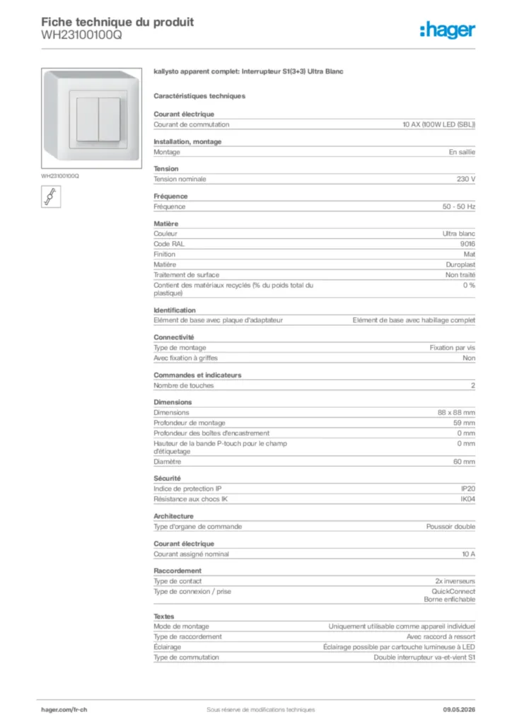 Image Hager Fiche technique du produit WH23100100Q | Hager Suisse