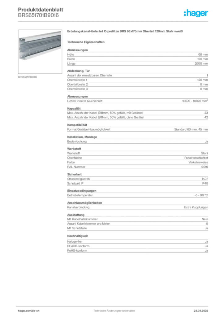 Bild Hager Produktdatenblatt BRS651701B9016 | Hager Schweiz