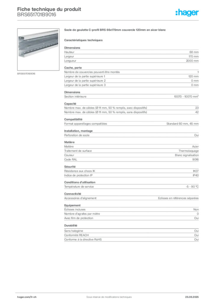 Image Hager Fiche technique du produit BRS651701B9016 | Hager Suisse