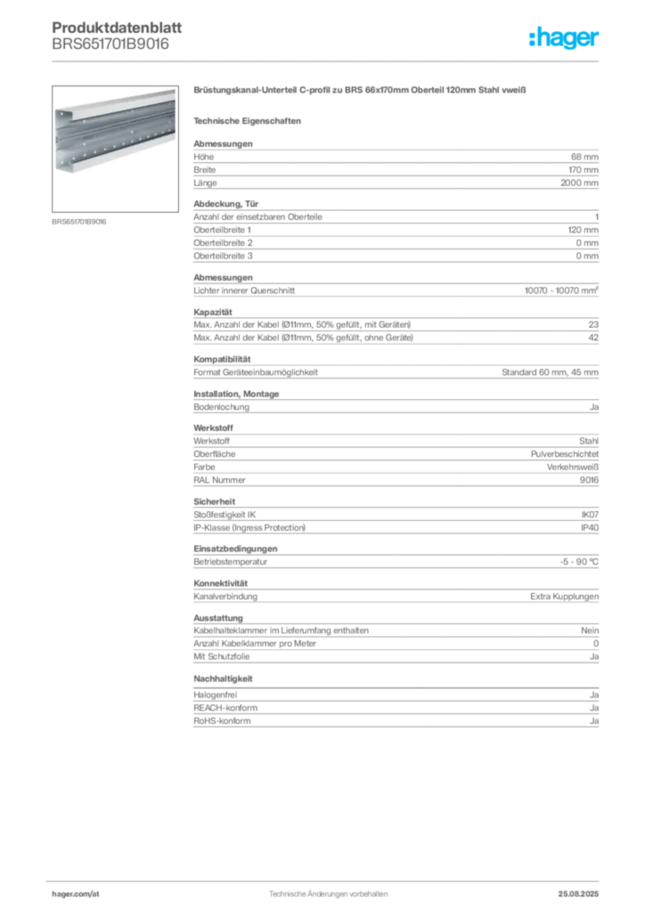 Bild Hager Produktdatenblatt BRS651701B9016 | Hager Deutschland