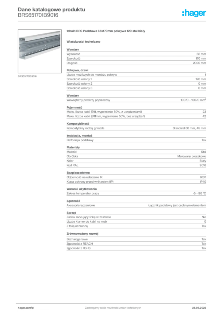 Zdjęcie Hager Dane katalogowe produktu BRS651701B9016 | Hager Polska