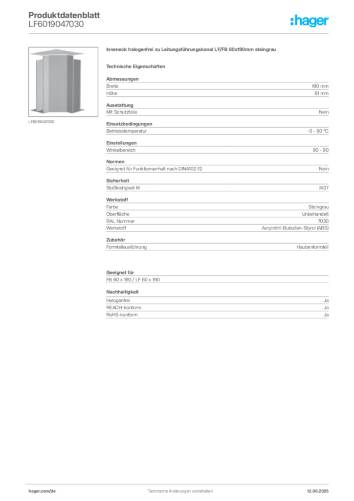 Bild Hager Produktdatenblatt LF6019047030 | Hager Deutschland
