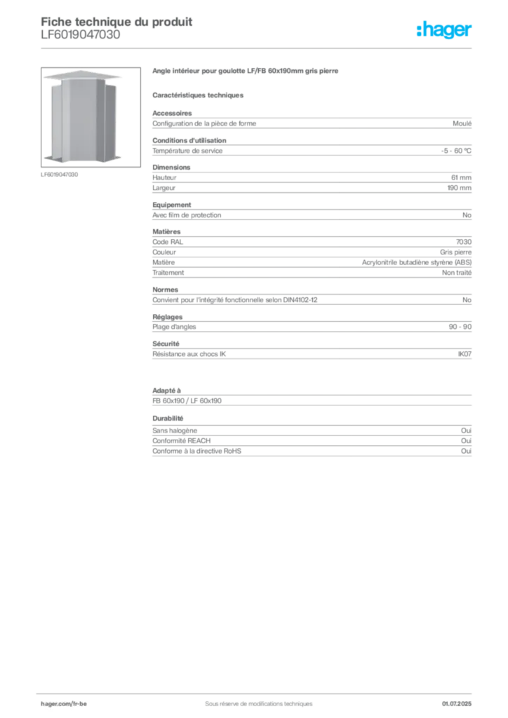 Image Hager Fiche technique du produit LF6019047030 | Hager Belgique
