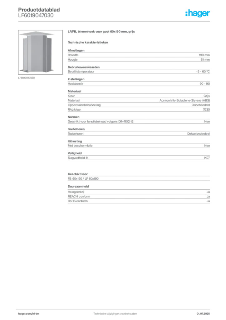 Afbeelding Hager Productdatablad LF6019047030 | Hager Belgium