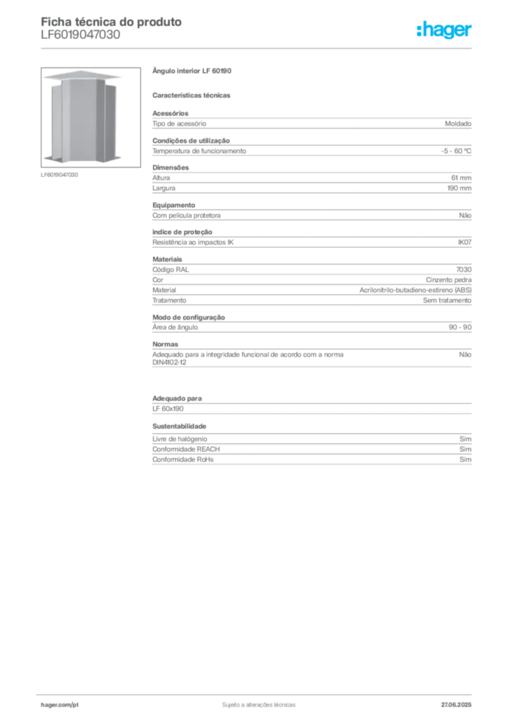 Imagem Hager Ficha técnica do produto LF6019047030 | Hager Portugal