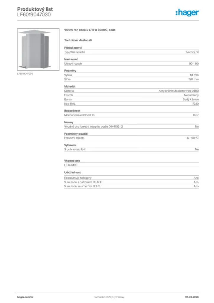 Obrázek Hager Product data sheet LF6019047030 | Hager