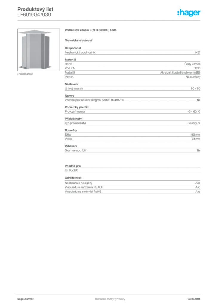 Obrázek Hager Produktový list LF6019047030 | Hager