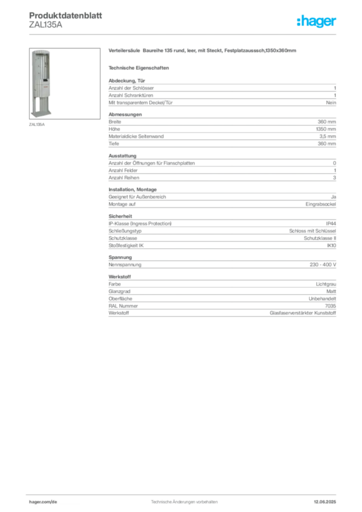Bild Hager Produktdatenblatt ZAL135A | Hager Deutschland