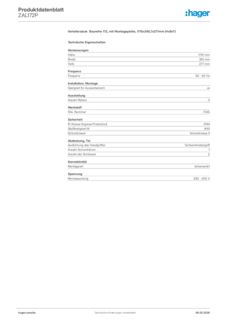 Bild Hager Produktdatenblatt ZAL172P | Hager Deutschland