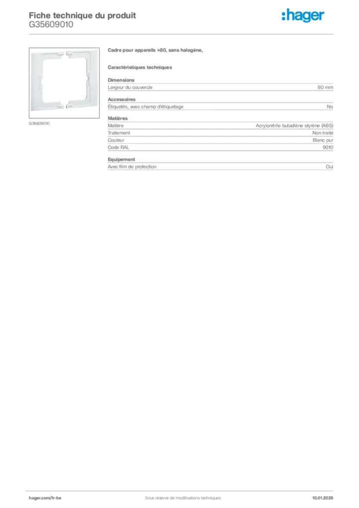 Image Hager Fiche technique du produit G35609010 | Hager Belgique