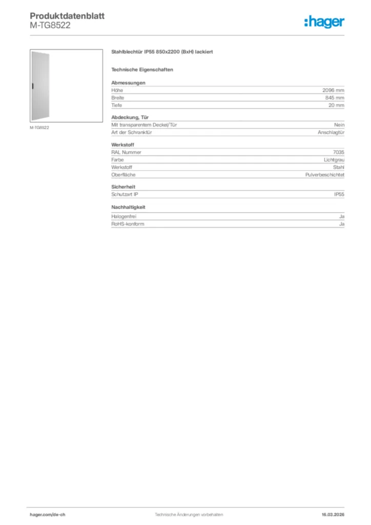 Bild Hager Produktdatenblatt M-TG8522 | Hager Schweiz