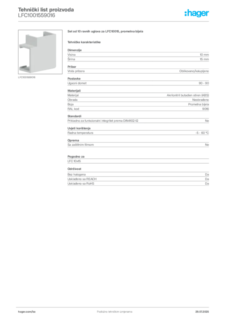 Slika Hager Product data sheet LFC1001559016  | Hager