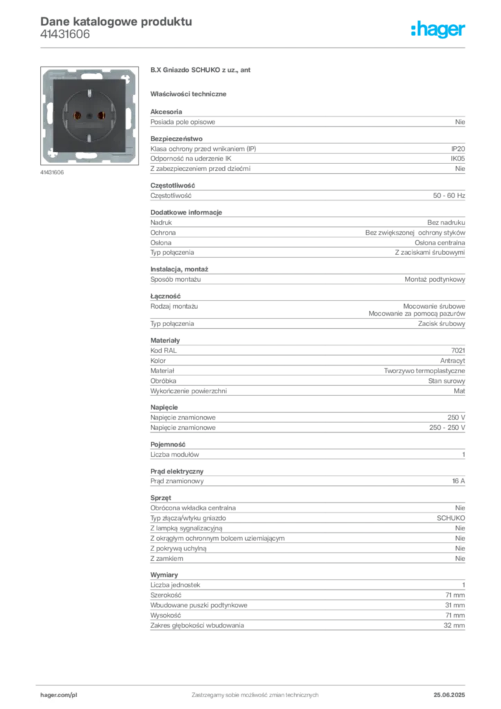 Zdjęcie Hager Dane katalogowe produktu 41431606 | Hager Polska