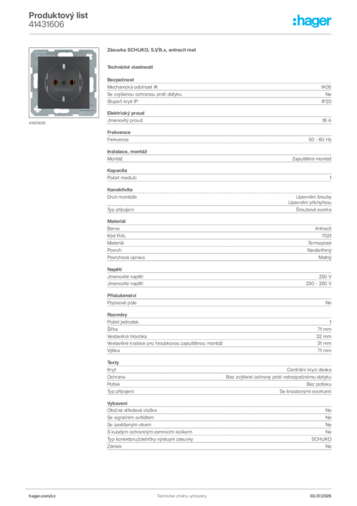 Obrázek Hager Produktový list 41431606 | Hager