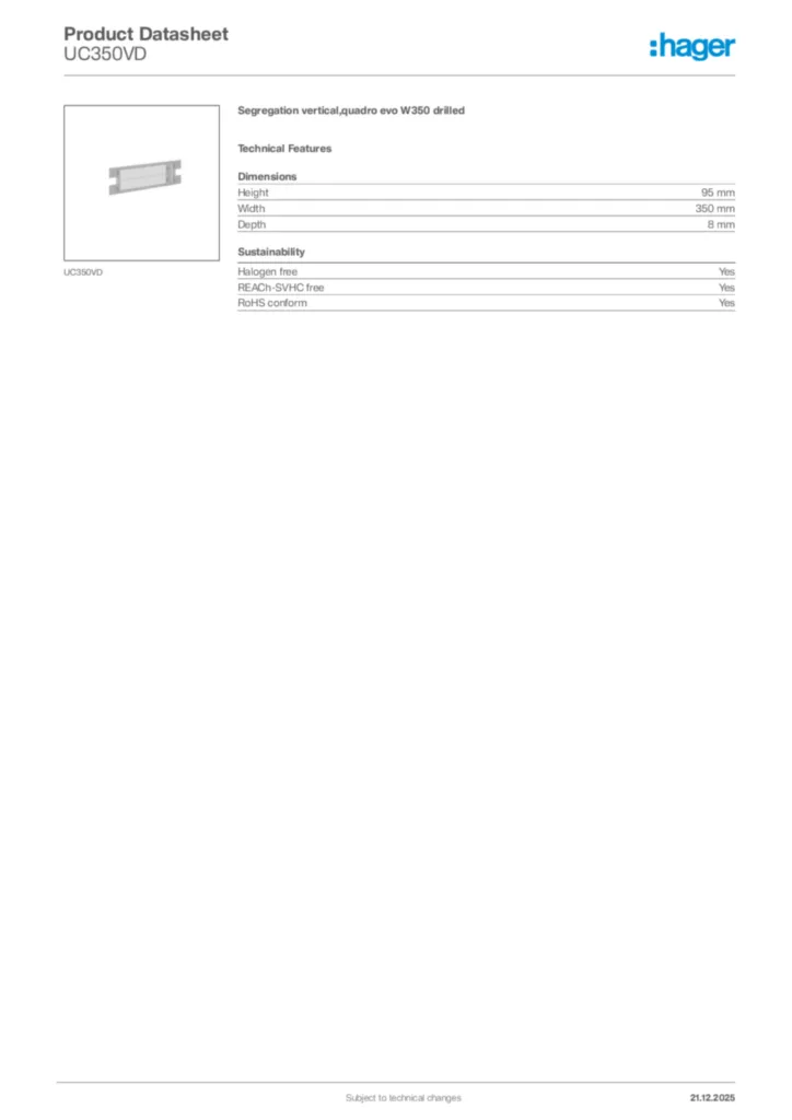 Image Hager Product data sheet UC350VD  | Hager Africa
