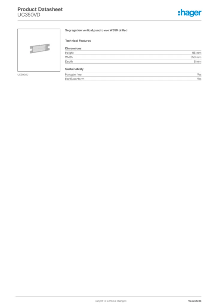 Image Hager Product data sheet UC350VD  | Hager Africa