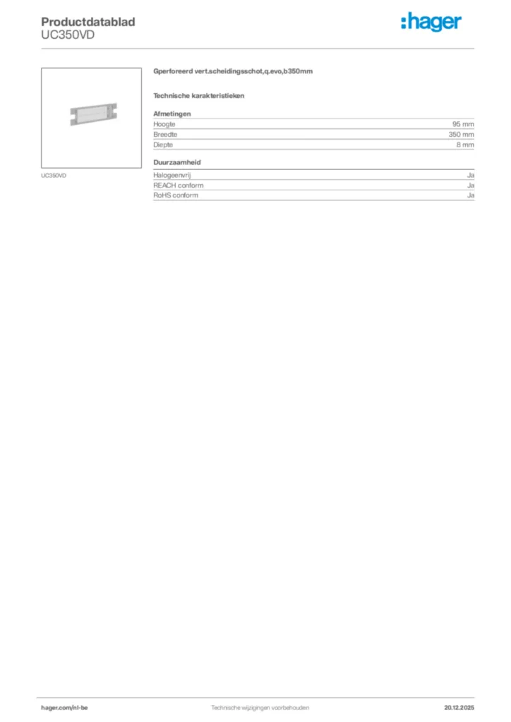 Afbeelding Hager Productdatablad UC350VD | Hager Belgium
