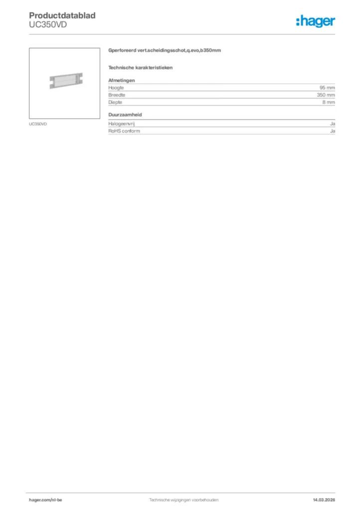 Afbeelding Hager Productdatablad UC350VD | Hager Belgium