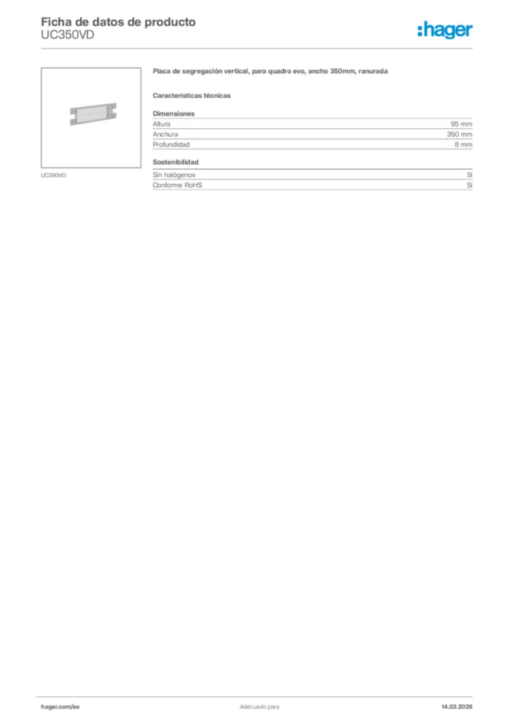 Imagen Hager Ficha de datos de producto UC350VD | Hager España