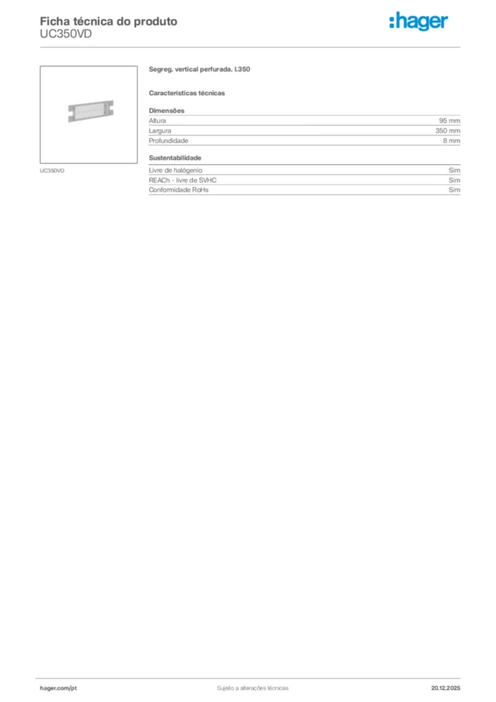 Imagem Hager Ficha técnica do produto UC350VD | Hager Portugal