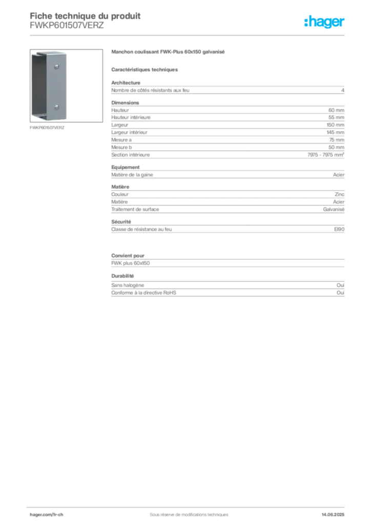 Image Hager Fiche technique du produit FWKP601507VERZ | Hager Suisse