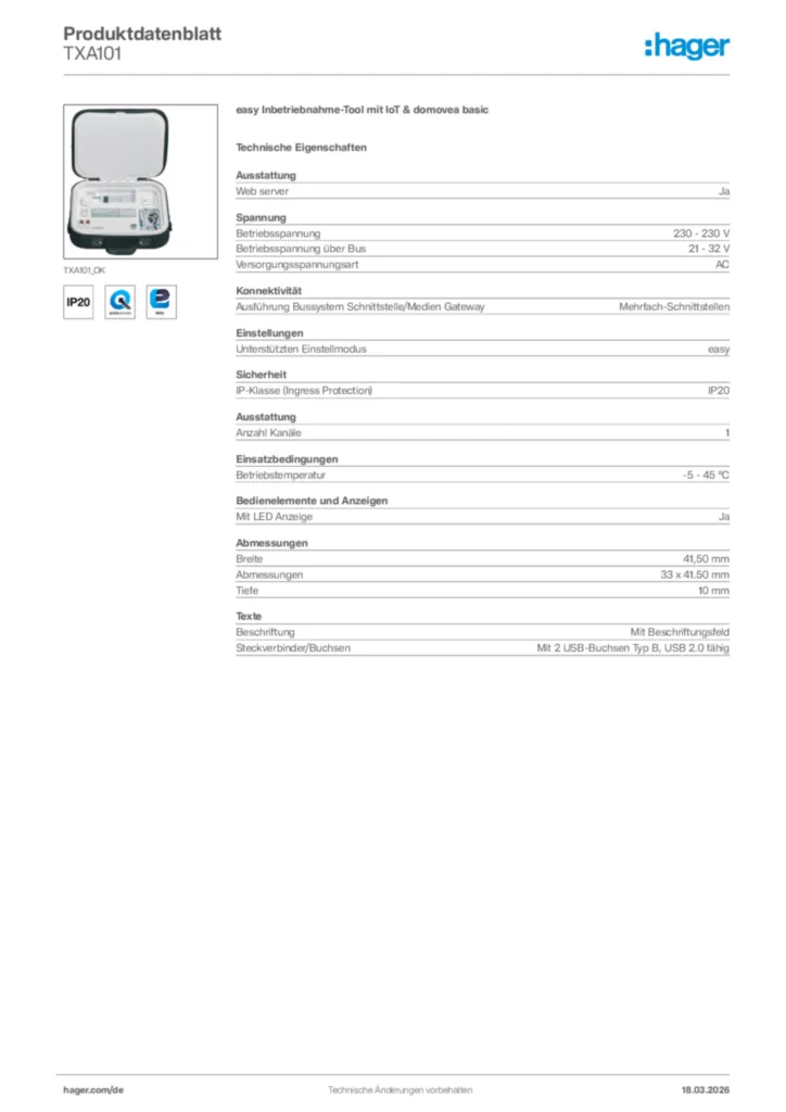 Bild Hager Produktdatenblatt TXA101 | Hager Deutschland