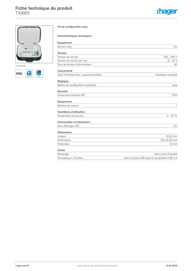 Image Hager Fiche technique du produit TXA101 | Hager France