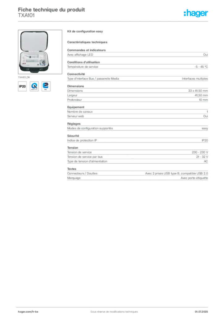 Image Hager Fiche technique du produit TXA101 | Hager Belgique