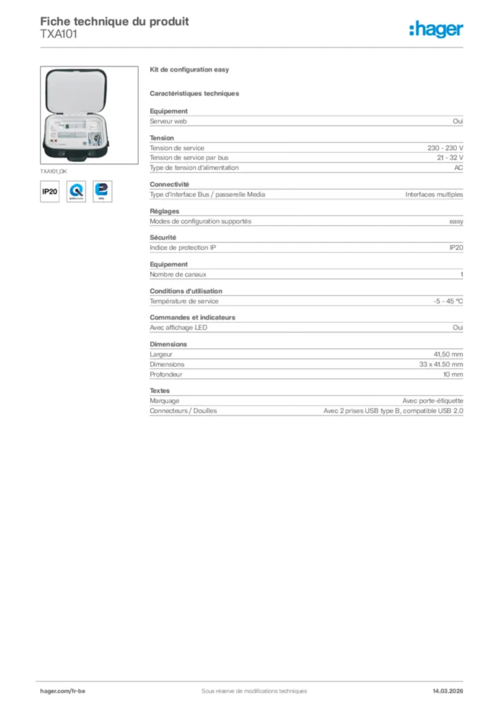 Image Hager Fiche technique du produit TXA101 | Hager Belgique