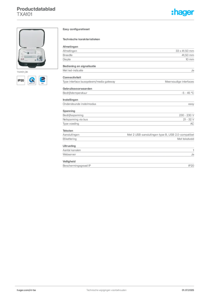 Afbeelding Hager Productdatablad TXA101 | Hager Belgium