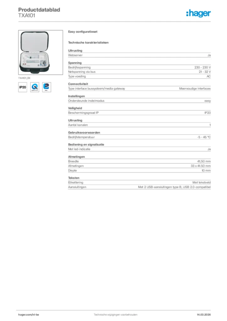 Afbeelding Hager Productdatablad TXA101 | Hager Belgium