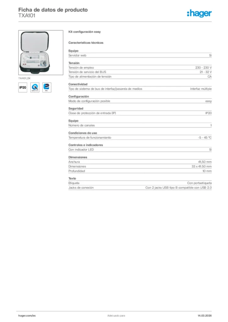 Imagen Hager Ficha de datos de producto TXA101 | Hager España